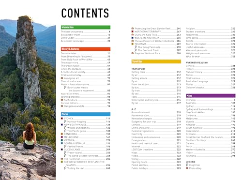 A table of contents page from an Australia travel guide featuring a scenic landscape photo.