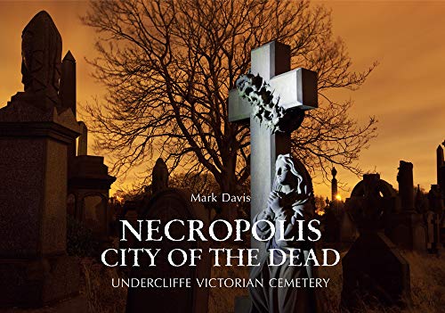 Victorian cemetery gravestones and a sculpted angel against a sunset sky.