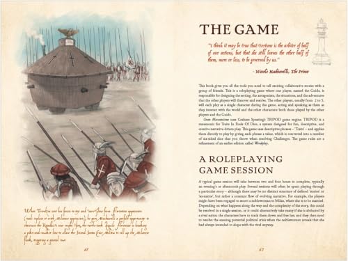 Open book page showing a clockpunk-style armored vehicle and soldiers.