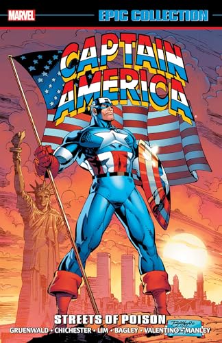 Captain America stands with shield and spear before the Statue of Liberty.