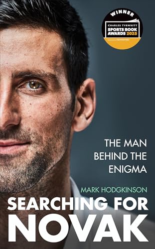 Book cover featuring a close-up portrait of Novak Djokovic, titled “Searching for Novak.”