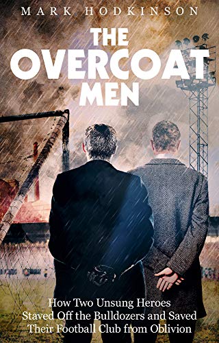Book cover: two men in overcoats facing a football stadium in rain.