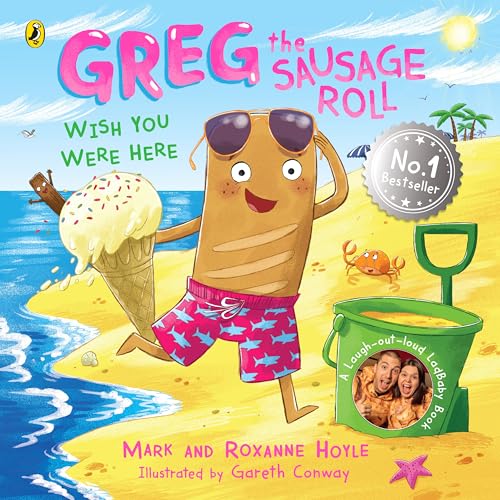 Cartoon sausage roll wearing sunglasses on a beach with other items.