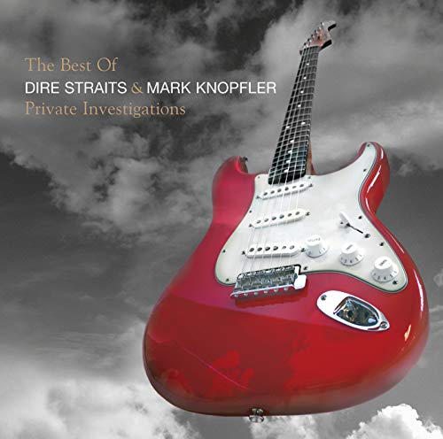 Red electric guitar against a cloudy sky, album cover for Dire Straits.