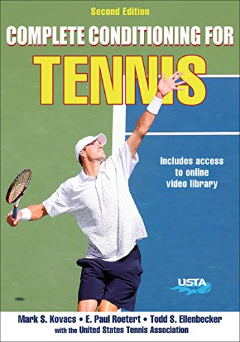 Book cover: "Complete Conditioning for Tennis" with a tennis player serving.