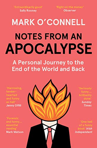 Book cover: red background, black suit with flaming head, title “Notes from an Apocalypse.”