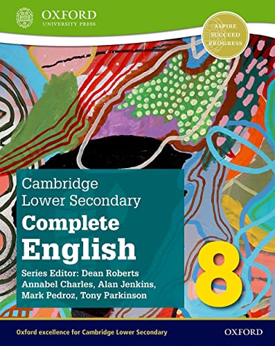 Cambridge Lower Secondary Complete English 8 textbook, colorful abstract cover.