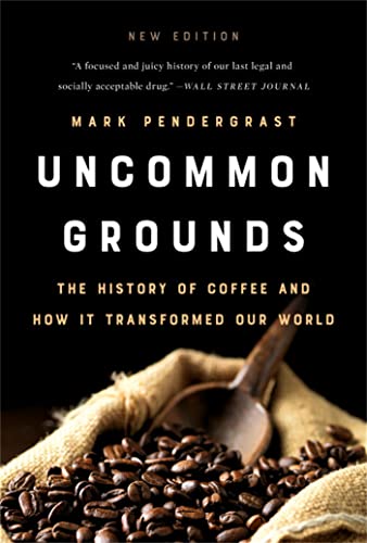 Book cover for “Uncommon Grounds” with coffee beans and a burlap sack.