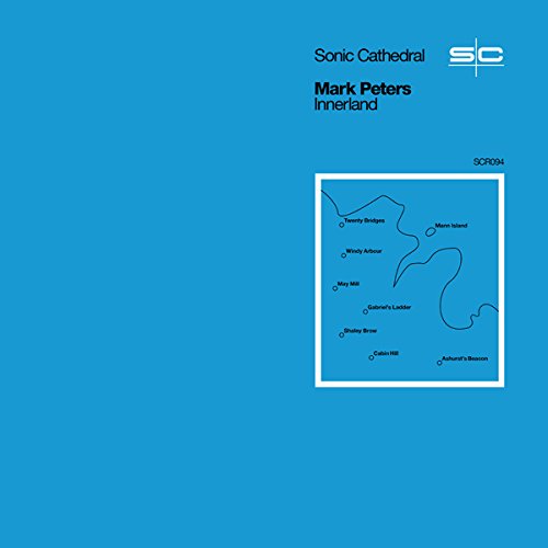 Blue album cover for Mark Peters’ “Innerland” with a map illustration.