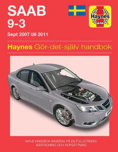 Haynes repair manual cover for a silver Saab 9-3 (2007-2011) with open hood.