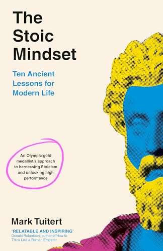 Book cover: "The Stoic Mindset" with a bust portrait in halftone.