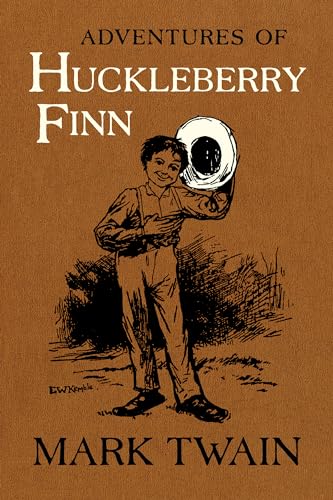 Book cover: "Adventures of Huckleberry Finn" with illustration of a boy.
