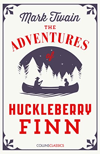 Book cover for "The Adventures of Huckleberry Finn" with a canoe scene.