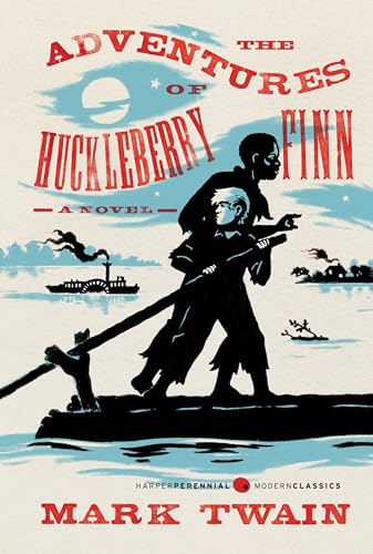 Book cover: Huckleberry Finn and Jim on a raft, illustrated in red and blue.