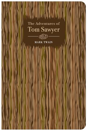Book cover for The Adventures of Tom Sawyer with a brown wood grain pattern.