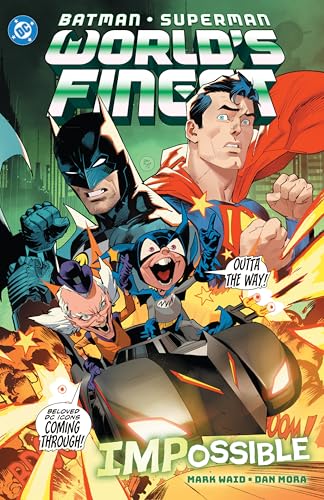 Batman, Superman, and others in dynamic action pose on comic book cover.