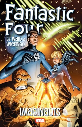 Comic book cover featuring the Fantastic Four in space with a rocket ship background.