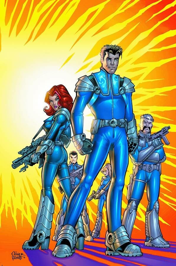 Comic book cover featuring four armored figures with futuristic weapons.