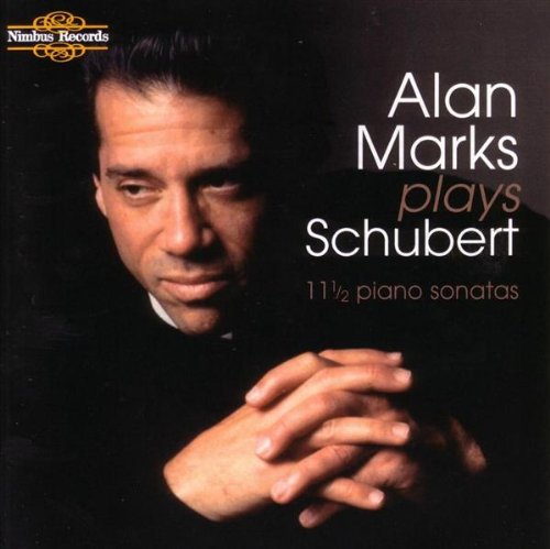 CD cover featuring a man with folded hands, text "Alan Marks plays Schubert" nearby.