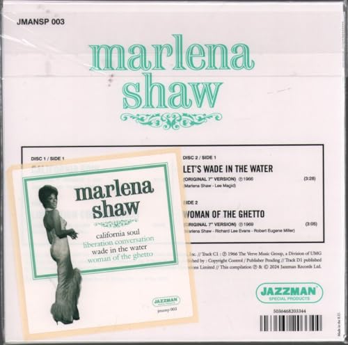 Back cover of Marlena Shaw EP featuring tracklist, artist name, and a small photo.
