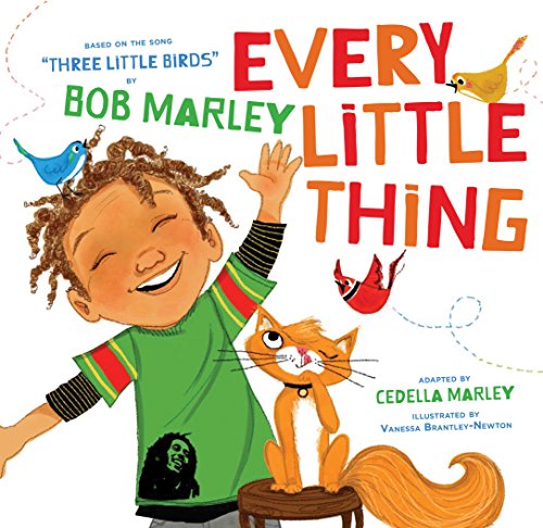 Book cover with a smiling child, cat, birds, and colorful text.