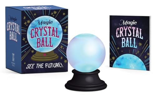 Blue crystal ball on a stand, with its box and card display.