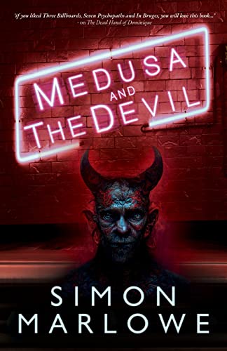 Book cover featuring a horned figure against a red brick wall and neon sign.