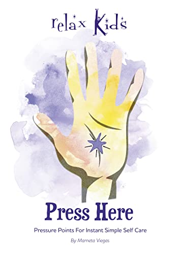 Book cover with a watercolor hand and starburst, titled "Relax Kids - Press Here".
