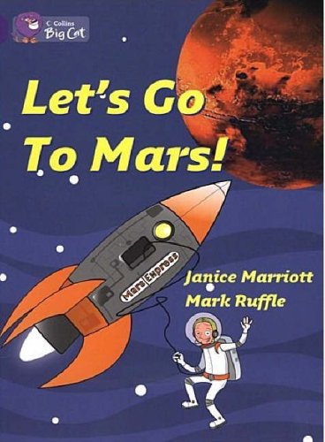Book cover with Mars landscape, spaceship, and purple background for young readers aged 5-7.
