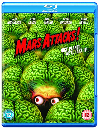 Mars Attacks" Blu-ray cover featuring green Martian heads and red title text.