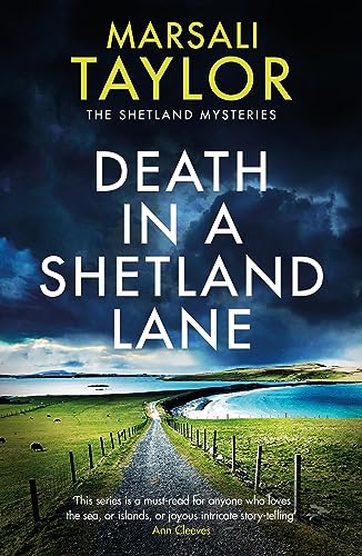 Book cover: stormy sky over a rural lane in Shetland.