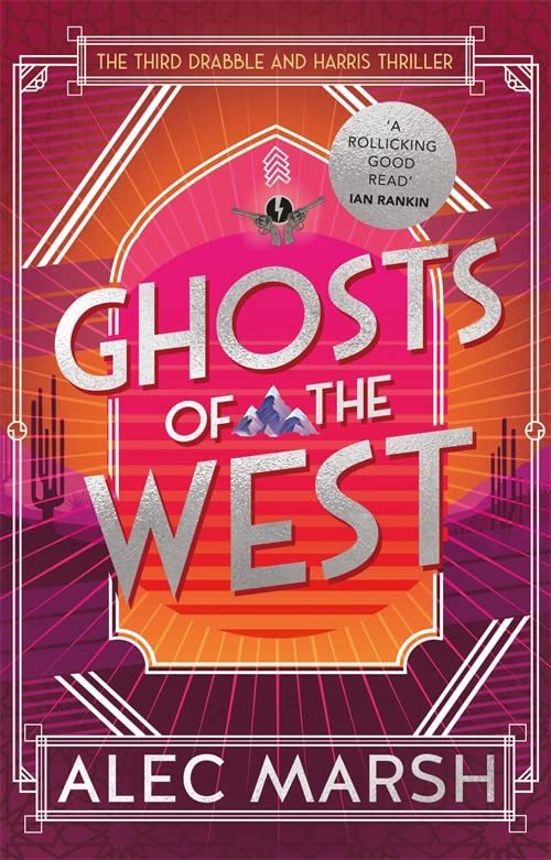 Book cover: “Ghosts of the West” with red, white, and orange abstract design.