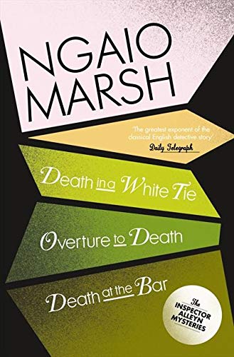 Book cover featuring Ngaio Marsh's name and three mystery titles on colored geometric shapes.
