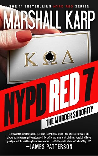 Book cover: “NYPD Red 7: The Murder Sorority” with a hand holding a card.