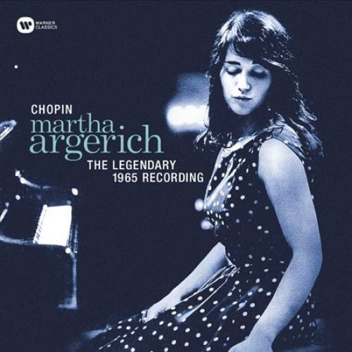 Vinyl album cover featuring Martha Argerich sitting beside a piano, wearing a polka-dot dress.