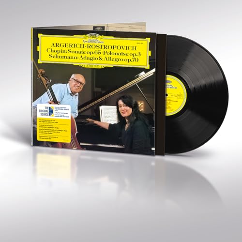 Vinyl record and cover featuring Martha Argerich and Mstislav Rostropovich performing Chopin and Schumann.
