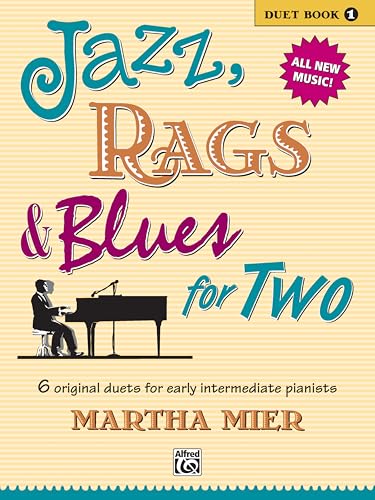 Sheet music cover for "Jazz, Rags & Blues for 2," with a pianist.