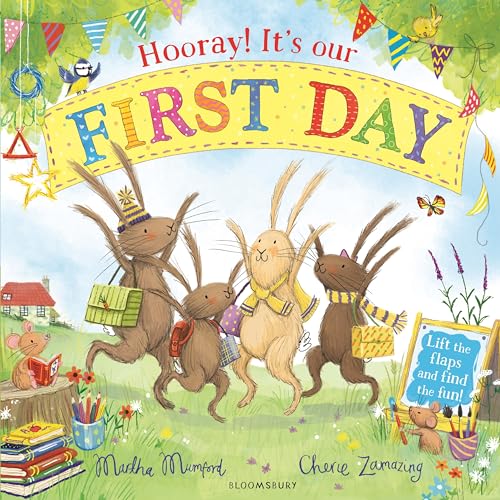 Illustrated children’s book cover with excited animal characters going to school.