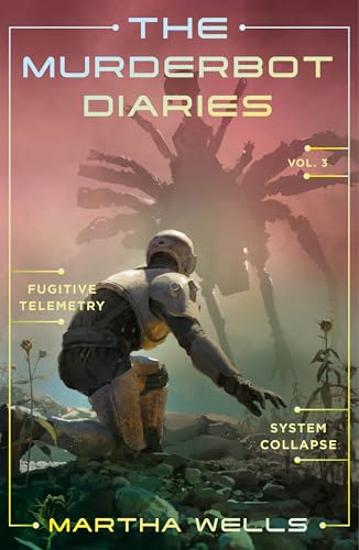 A robotic figure kneels on rocky ground beneath a large, shadowy mechanical creature.