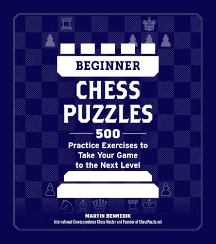 Book cover with chess pieces and text: "Beginner Chess Puzzles.