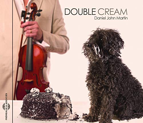 CD cover: man with violin, black dog, and chocolate cake.