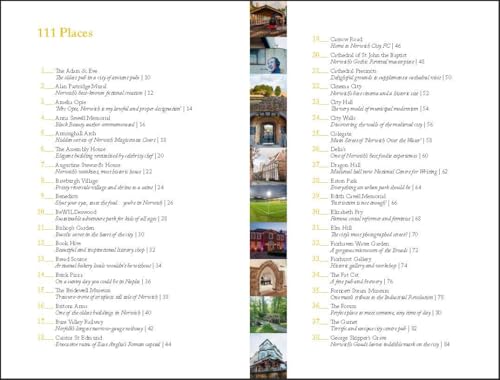 A table of contents page from a guidebook listing numbered places in Norwich.