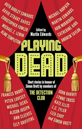 Book cover: “Playing Dead” with a black diamond and red curtains.