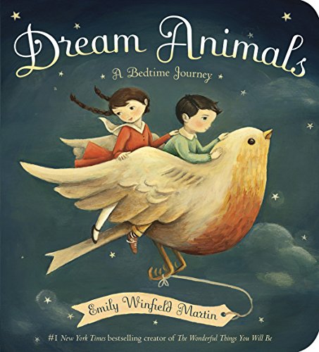 Two children ride on a large bird against a starry night sky background.