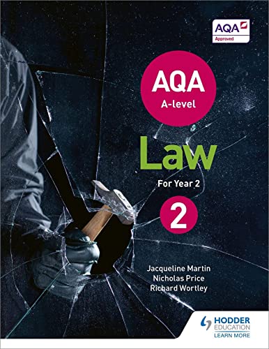 Textbook cover: “AQA A-level Law for Year 2” with a broken glass image.