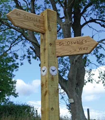 Wooden signpost with two arrows pointing in different directions labeled St Oswald's Way.