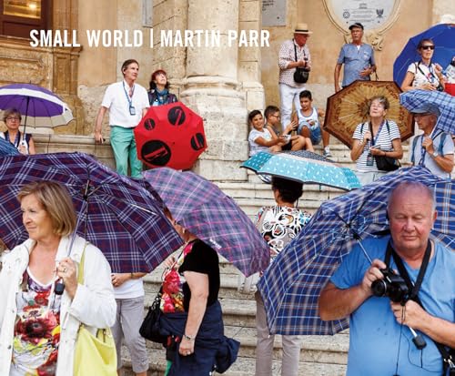 A crowd of tourists holding umbrellas stands on stone steps in front of a building.