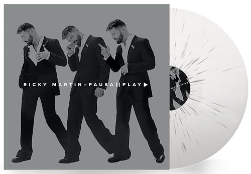 Ricky Martin album cover, “Pausa & Play”, with a white and grey vinyl record.