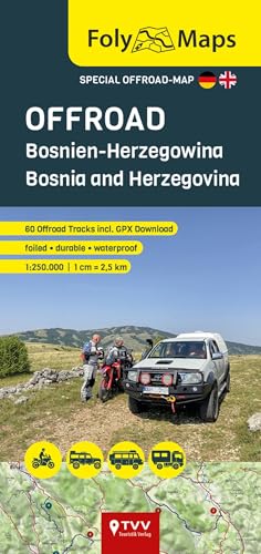 FolyMaps off-road map of Bosnia and Herzegovina with vehicle illustration.