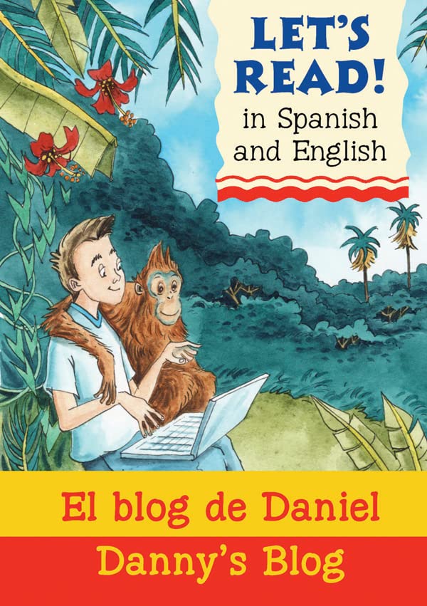 Boy and orangutan using a laptop in a jungle setting.